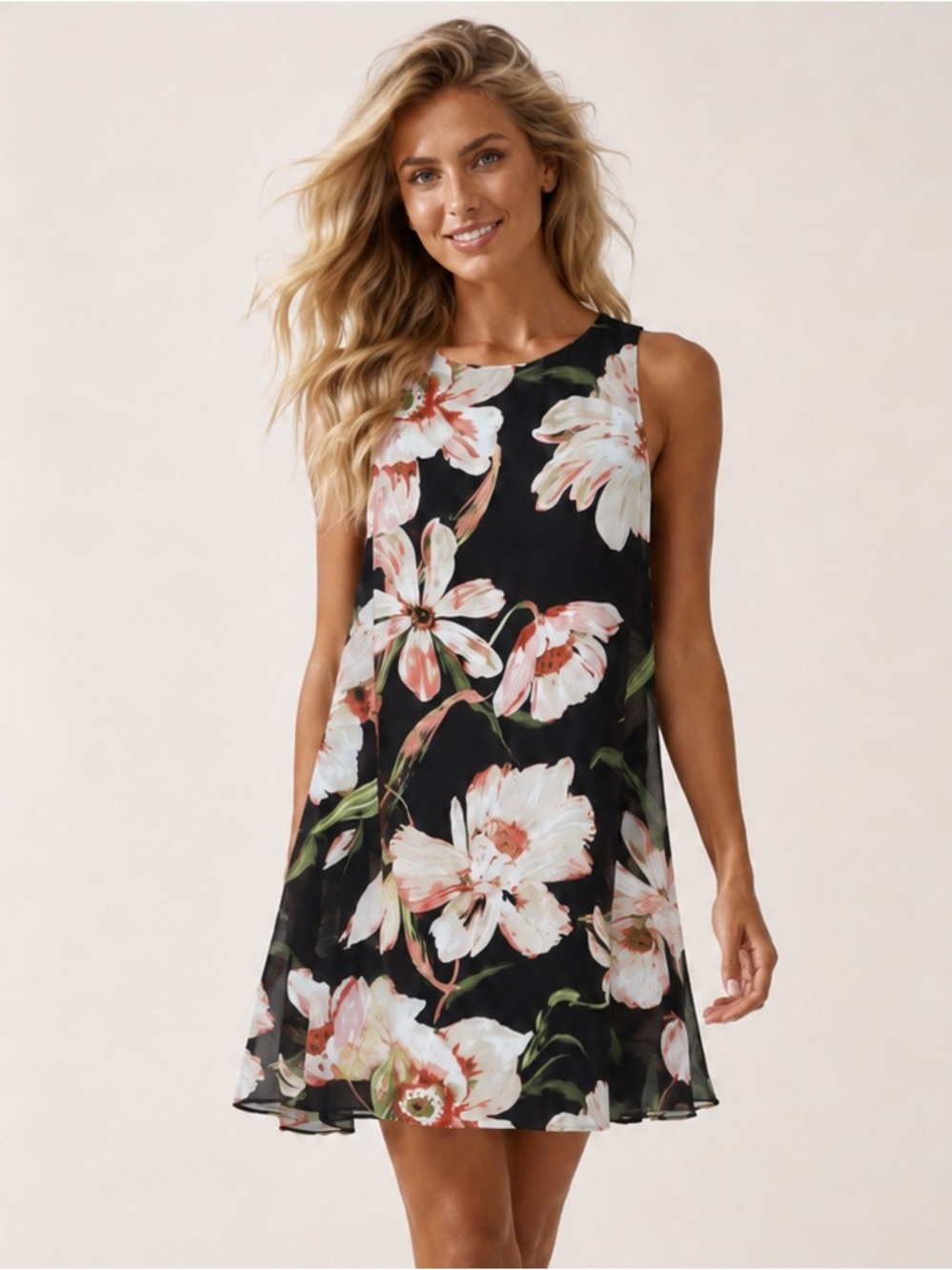 Karen Kane Floral Mini Dress Black Pink White Sleeveless Romantic Elegant XL